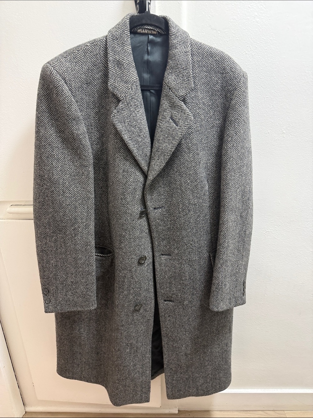 Men's Grey Herringbone Wool Pea Coat - Classic Tailored Overcoat